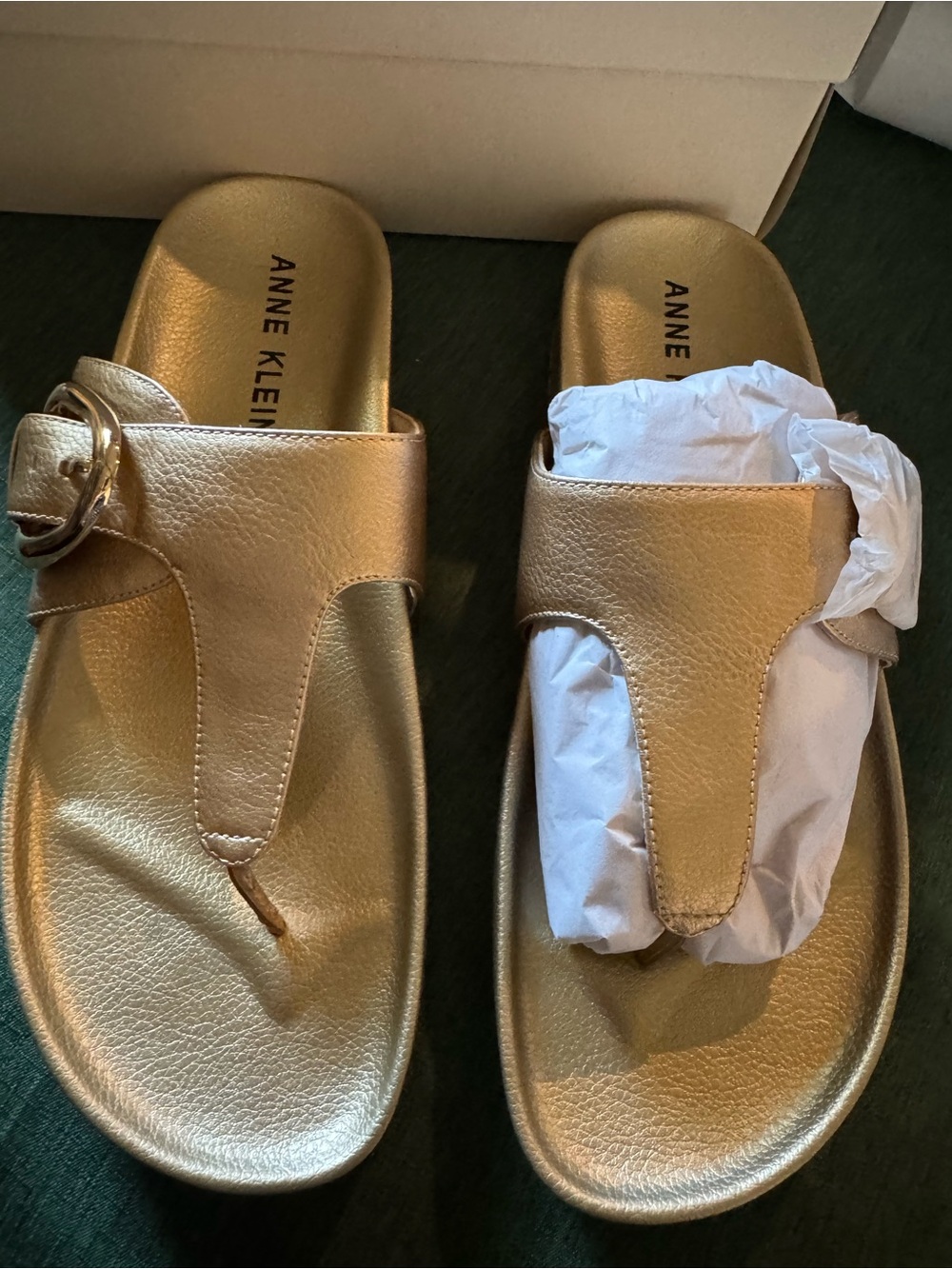 Anne Klein Metallic Gold Toe-Post Slide Sandals with Buckle